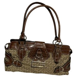 Vintage 90s/Y2k Guess Chocolate Brown Embossed Faux Leather & Tan Fabric Purse